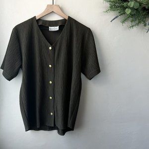 Vintage Dark Green Textured Button Down Blouse